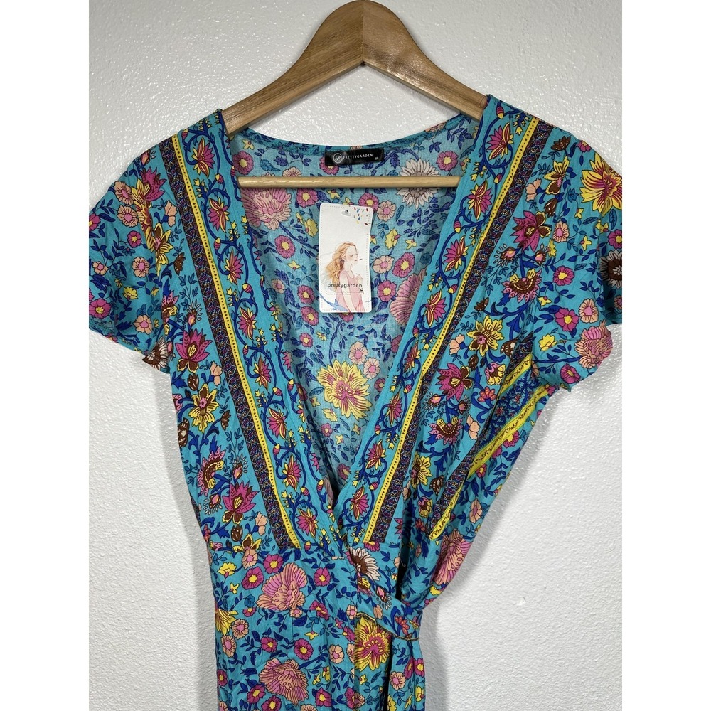 Prettygarden Dress Womens Medium Blue Floral Wrap Boho Maxi Short Sleeve Summer - Picture 7 of 7